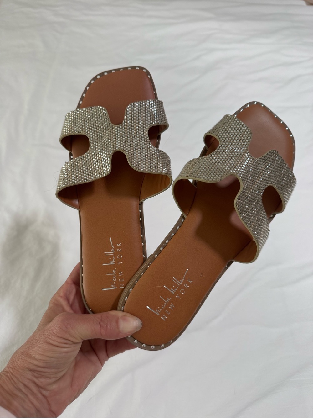Nicole Miller Crystal-Embellished Slide Sandals in Tan and Silver